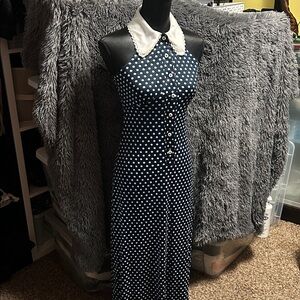Vintage Navy Polka Dot long  Dress with White Collar